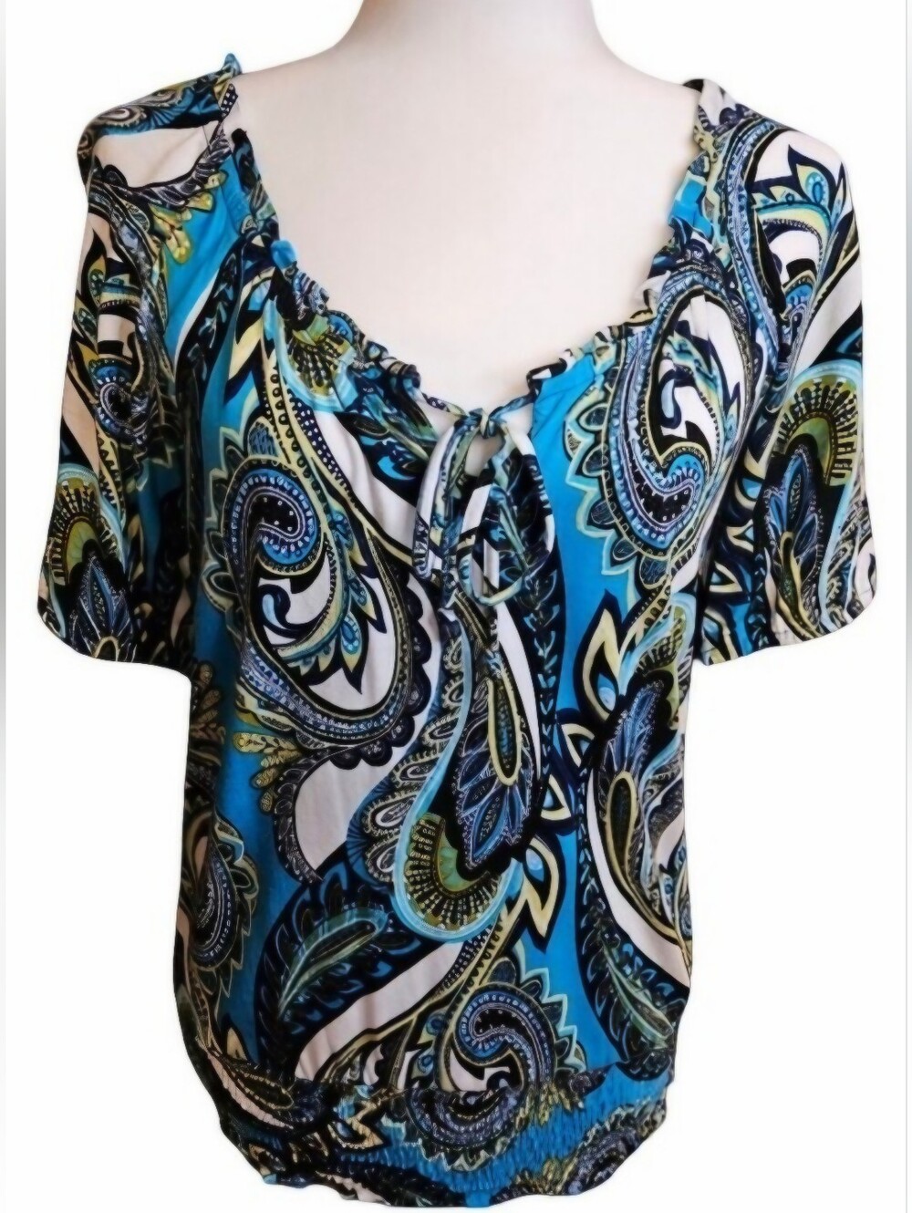 Vintage Y2K Apt. 9 Blue Paisley Smocked Boho Blouse Top S